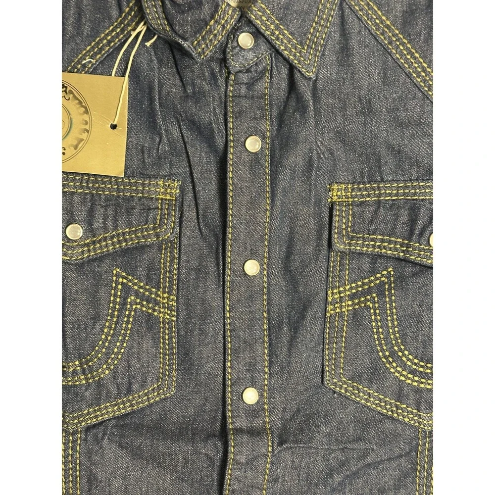 True Religion Shirt Mens M Blue Western Denim Pearl Snap 3 Needle .Made in USA